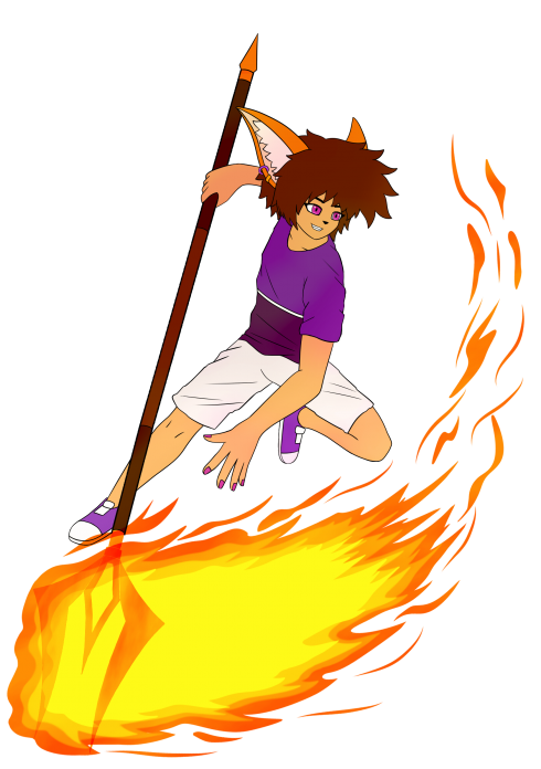 Nael Goober en position d'attaque
Mon personnage principal Nael Goober (sa version adulte) entrain de se battre avec son bident de feu
