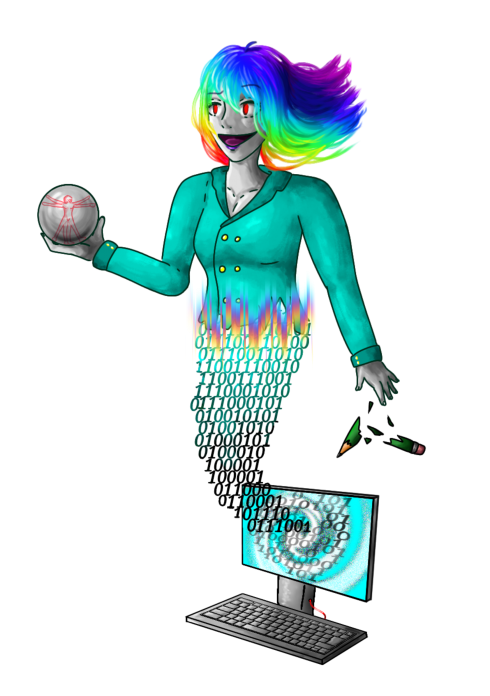 IA binaire générative 
IA en cours de génération volant les œuvres d'autrui. En détruisent la créativité humaine. 
L'idée du personnage vient de mon père et moi j'ai dessiné.
Mots-clés: IA;Humain;contre;IA