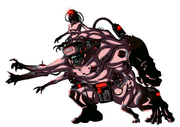 Dessin collaboratif Maliki côté IA
Personnification de l'IA sous forme d'un monstre cyborg difforme illustrant la difficulté de l'IA à reproduire correctement des éléments réels.
Mots-clés: Illustration;personnage original;AI