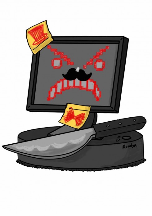 Agrougrou
IA sur robot aspirateur (avec un couteau) (mais elle a été customisée pour paraître un peu plus humaine, avec des post-its) 
