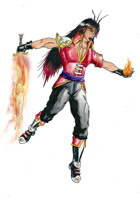 Altheos
Mon humble participation.
Perso que j'ai créé il y a plus de 35 ans quand j'étais Ado.
Dessin au feutre et couleurs au marqueur à alcool.
Effets de flammes Main et épée sous photoshop.
