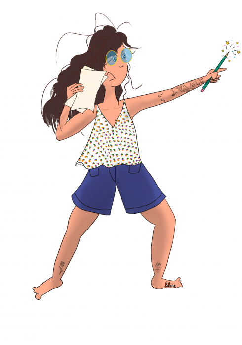 Défense au crayon
Je me suis représentée avec mon crayon à papier en guise d’arme et mes feuilles comme bouclier 
Mots-clés: Crayon;feuille;défense