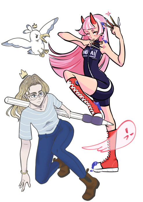 Leryciel et Noko
Deux personnages féminins, une mouette et un fantôme s'unissent pour combattre le crime! L'illustration est la collaboration de deux illustratrices: Le personnage blond à gauche et la mouette au dessus représentent Leryciel. Le personnage aux cheveux roses ainsi que le fantôme en bas à droite représentent Noko!
Mots-clés: noko, leryciel, mouette, fantôme