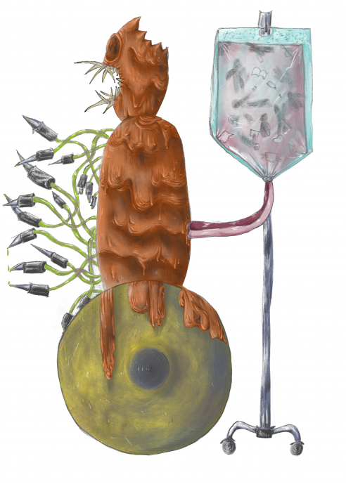 IA
[Couleurs par Moineau]
J'ai assez vite eu l'idée que l'IA soit un monstre incohérent: son corps est inspiré du guerrier géant de Nausicaä de la vallée du vent, et il s'écroule sur lui-même, en dépit de sa perfusion d'art. Il a un trou dans le crâne, mais ce dernier est vide. Il n'a pas de jambes, juste un rouleau compresseur pour aplatir et écraser les créateurs et leurs création. Ses tentacules lui permettent de se nourrir pour continuer d'avancer et continuer à se nourrir, encore et encore...
