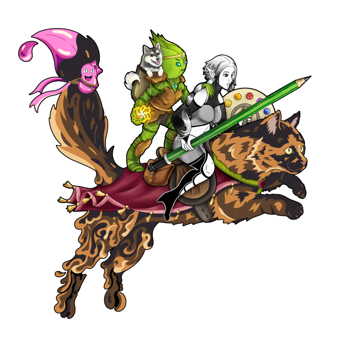 Créativité (Collaboration)
L’arme ultime des artistes? Leur créativité. Et notamment la créativité partagée, celle qui puise dans les idées folles issues de fou rires entre amis, dans les aventures épiques d’un JDR (oui c'est un Leshy!), ou dans les bêtises de nos compagnons poilus. Tous ces détails qui font le charme d'un dessin, mais ne font parfois sens que pour leur créateurs... Cette créativité, les IAs ne nous la voleront pas!
- Burning Nettle, ClemClem & Patate Rose (sous l'oeil critique de Freya Fluff et Orphée Crotte).
