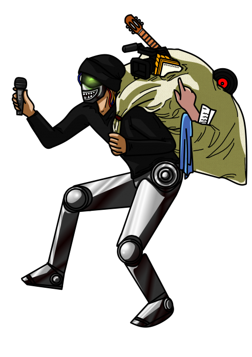 Voleur des temps modernes
En tenu de voleur, il essaye de se faire passer pour un humain avec de la fausse peau et un autocollant de sourire. Il a 6 doigts comme ses générations d'images. Ses yeux sont verts pour la jalousie envers les capacités de l'humain, mais également pour signifier la trahison.
Il tient un micro pour voler les voix des gens ; sur le manche il y a un CTRL+C pour ses copier-coller.
De l'autre main, il tient un sac avec dedans tout ce qu'il a pris. Il y dépasse divers arts et la main d'une personne. @anevydesbois
Mots-clés: IA;ia,robot,Anevy;anevy;anevydesbois;AnevyDesbois